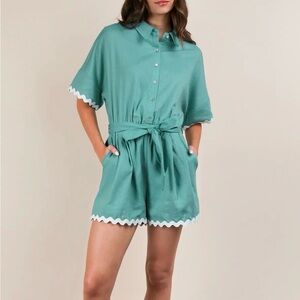 #45 Teal Button-Up Romper with White Trim